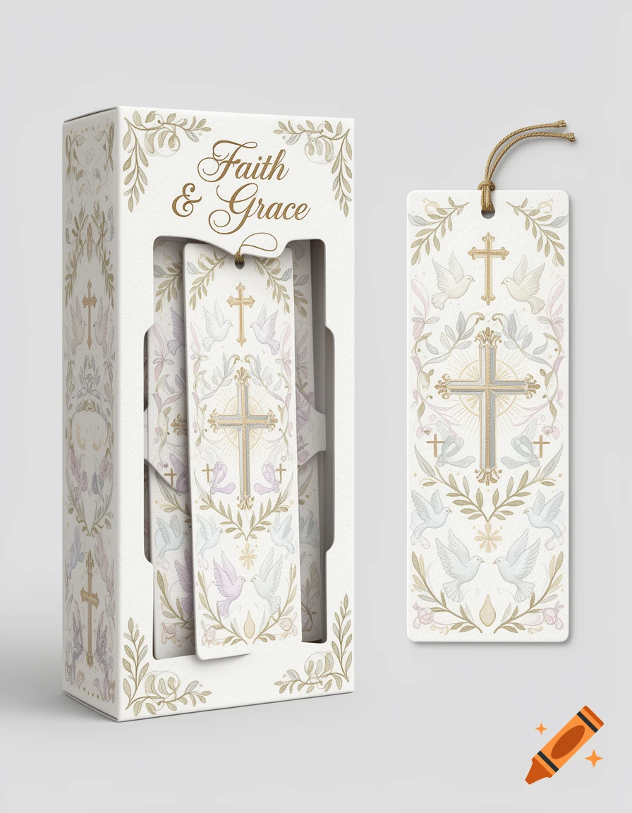 A set of Faith & Grace Christian bookmarks with crosses, doves, and floral patterns, displayed in a decorative cutout box.