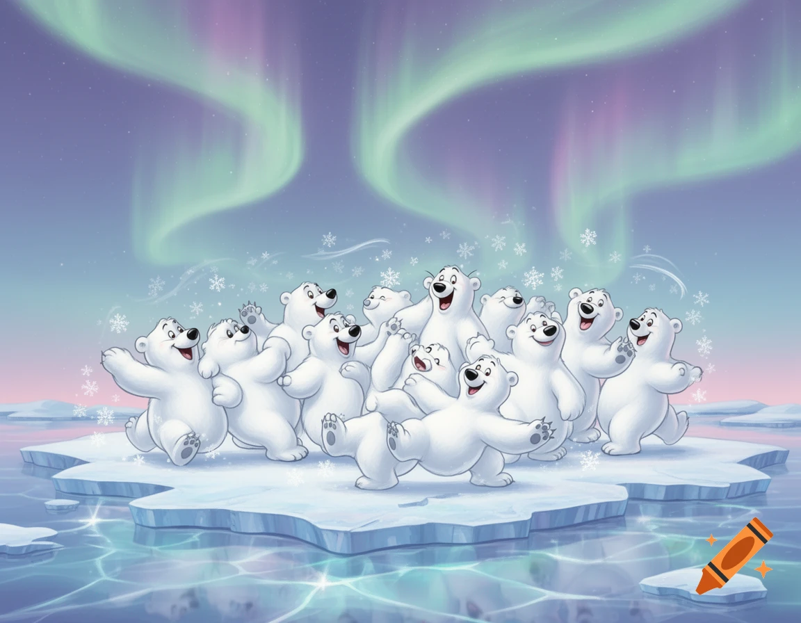 A group of happy cartoon polar bears dance and wave on an ice floe under a vibrant aurora borealis sky with falling snowflakes.
