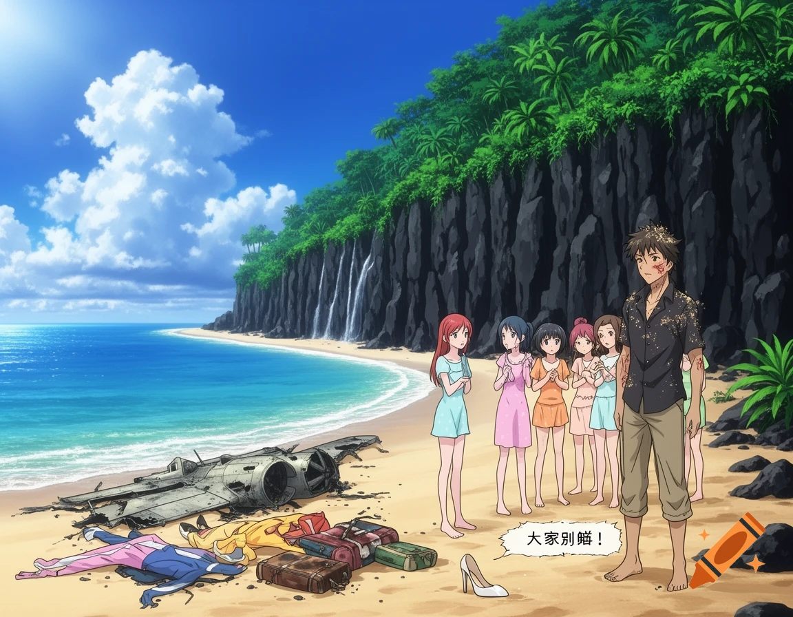 Anime survivors on a beach with plane wreckage and cliffs. A speech bubble says 'Everyone, don't panic!'.