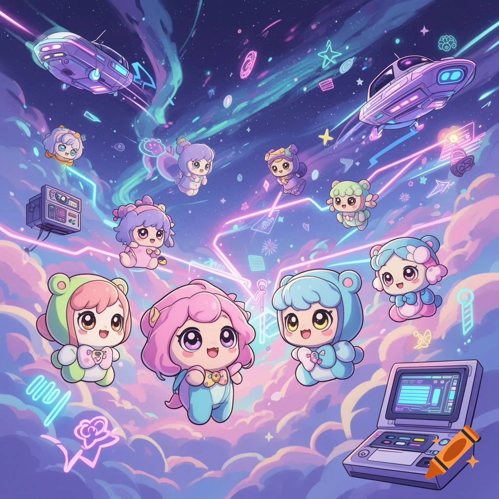 Cute anime plushie-like characters float in a pastel, neon-lit space with spaceships, clouds, and retro tech.