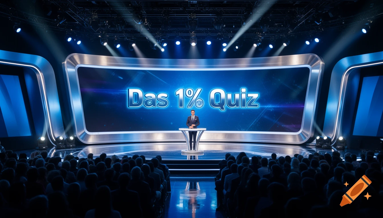 A man hosts a quiz show on a brightly lit stage with a large screen displaying "Das 1% Quiz" to an audience.