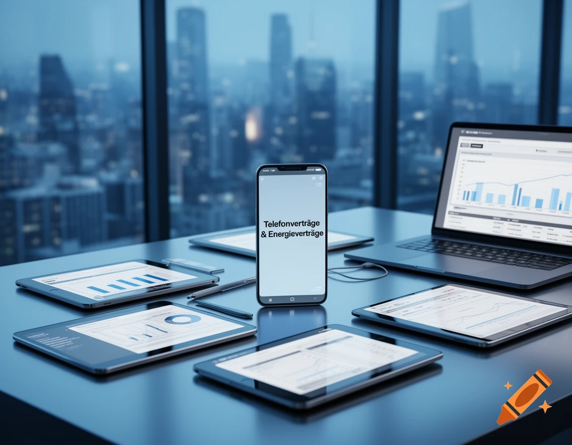 A smartphone displaying 'Telefonverträge & Energieverträge', a laptop, and tablets on a desk in a modern office with a city view.