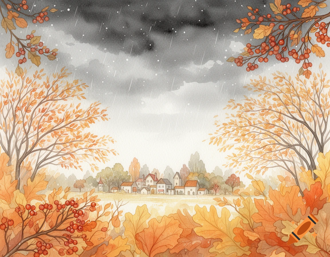 Watercolor autumn landscape with colorful leaves, berries, and trees framing a village under a rainy, cloudy sky.