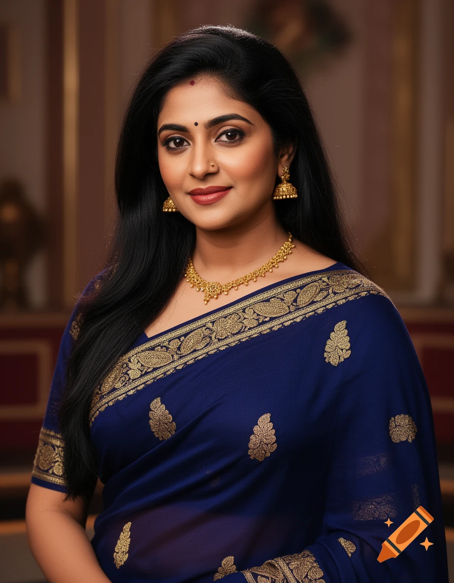A beautiful Indian woman with long dark hair, wearing a blue saree with gold embroidery, and traditional gold jewelry, smiles at the camera.