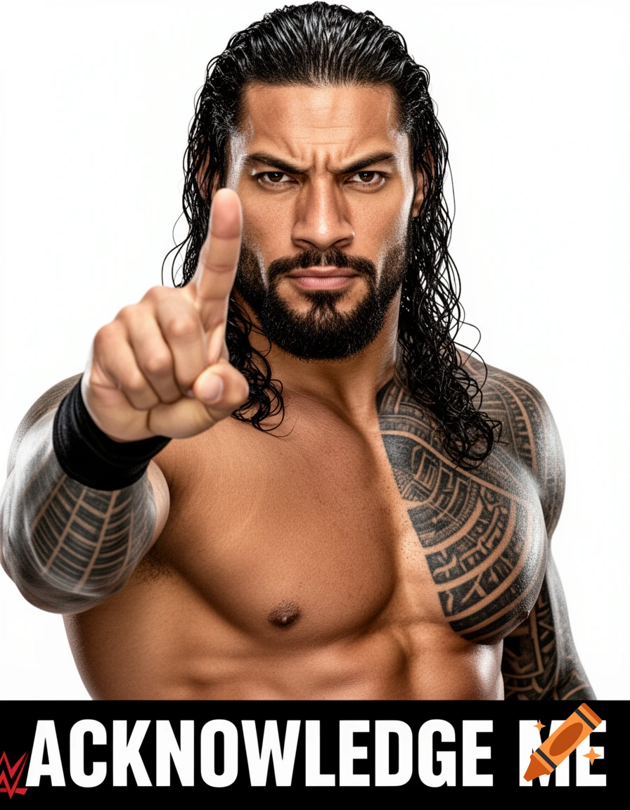 Photorealistic portrait of WWE wrestler Roman Reigns, shirtless, pointing his finger, with "ACKNOWLEDGE ME" text.