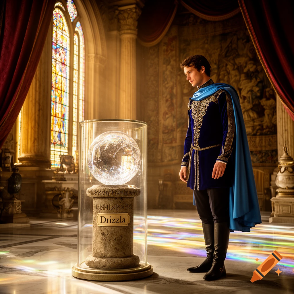 A prince in a blue and gold velvet tunic with a light blue cape looks at a sparkling crystal ball on a stone pedestal inside a grand hall with stained glass windows.