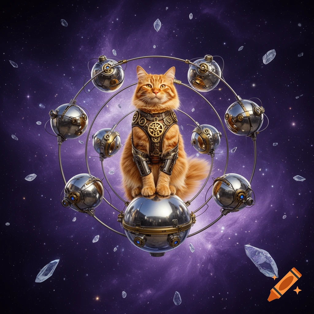 A ginger tabby cat in a steampunk harness sits on a chrome sphere, surrounded by metallic drones and ice in a purple nebula.