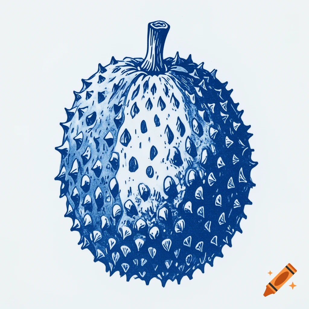 A blue and white linocut illustration of a soursop fruit with a stem and spiky texture, in a cyanotype style.