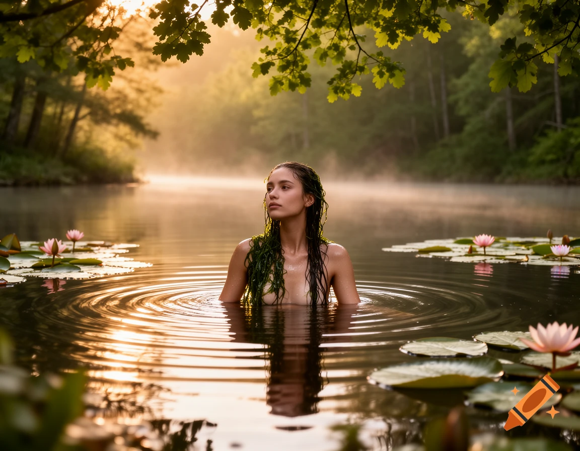 A woman with long wet hair stands in a misty lake at sunrise, surrounded by water lilies and lush trees.
