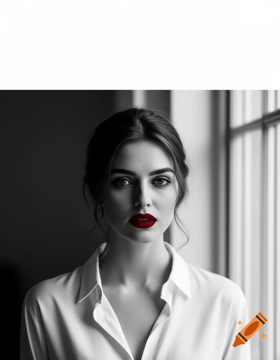 Black and white editorial portrait of a woman with red lipstick, wearing a white shirt, looking directly at the viewer.