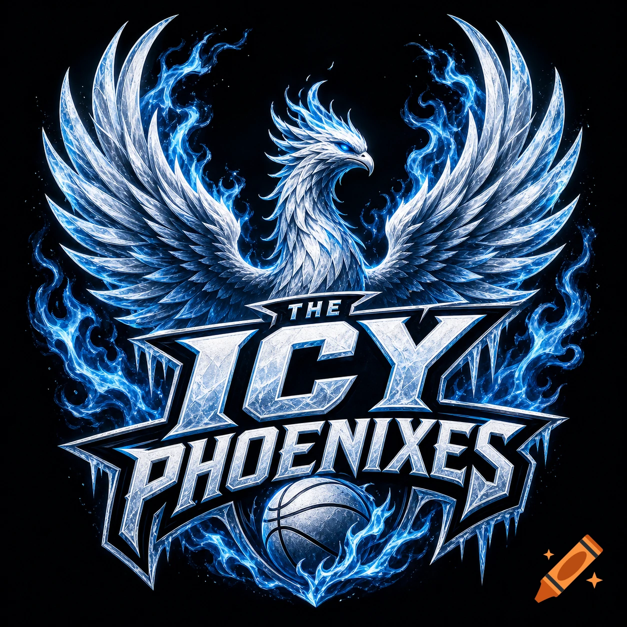 Icy phoenix logo with blue flames and a basketball, text reads 'THE ICY PHOENIXES'.