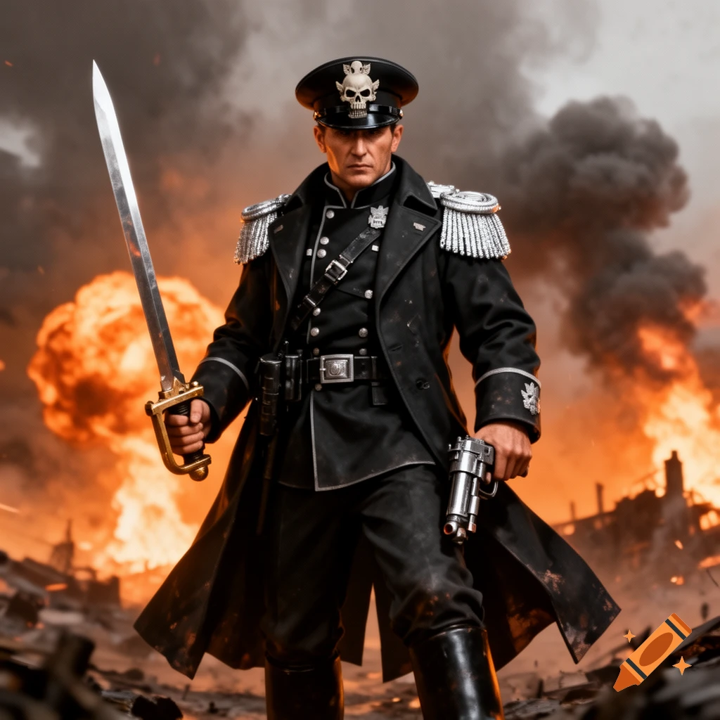 A Warhammer 40K commissar in a black uniform, holding a sword and pistol, stands amidst explosions and destruction.