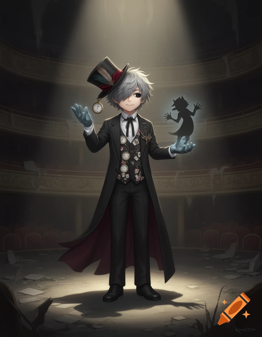 An anime-style young magician with gray hair, wearing a black top hat, suit, and gloves, stands under a spotlight in an abandoned theater, holding a shadowy figure in one hand and a pocket watch in the other.