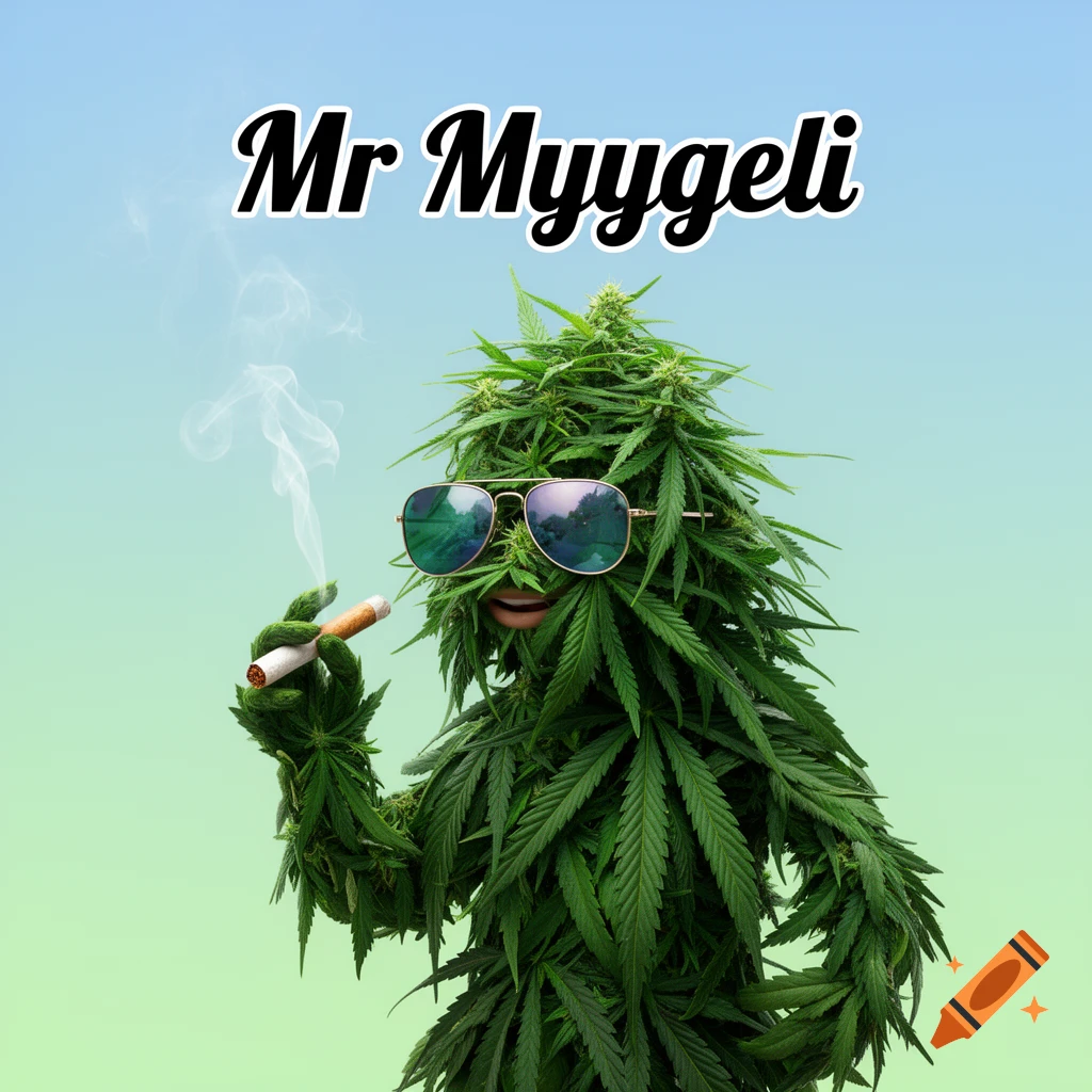 A cartoon cannabis plant figure with sunglasses smokes a cigar, against a gradient blue and green background. Text 'Mr Myygeli' is above.