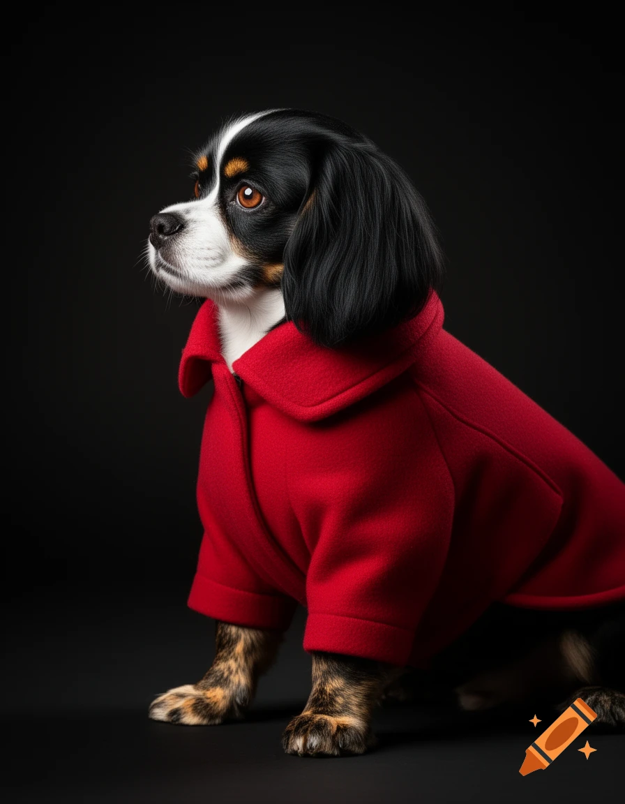 A King Charles Spaniel, Maltese, Shih Tzu mix dog in a red coat poses in a professional side profile studio portrait against a dark background.