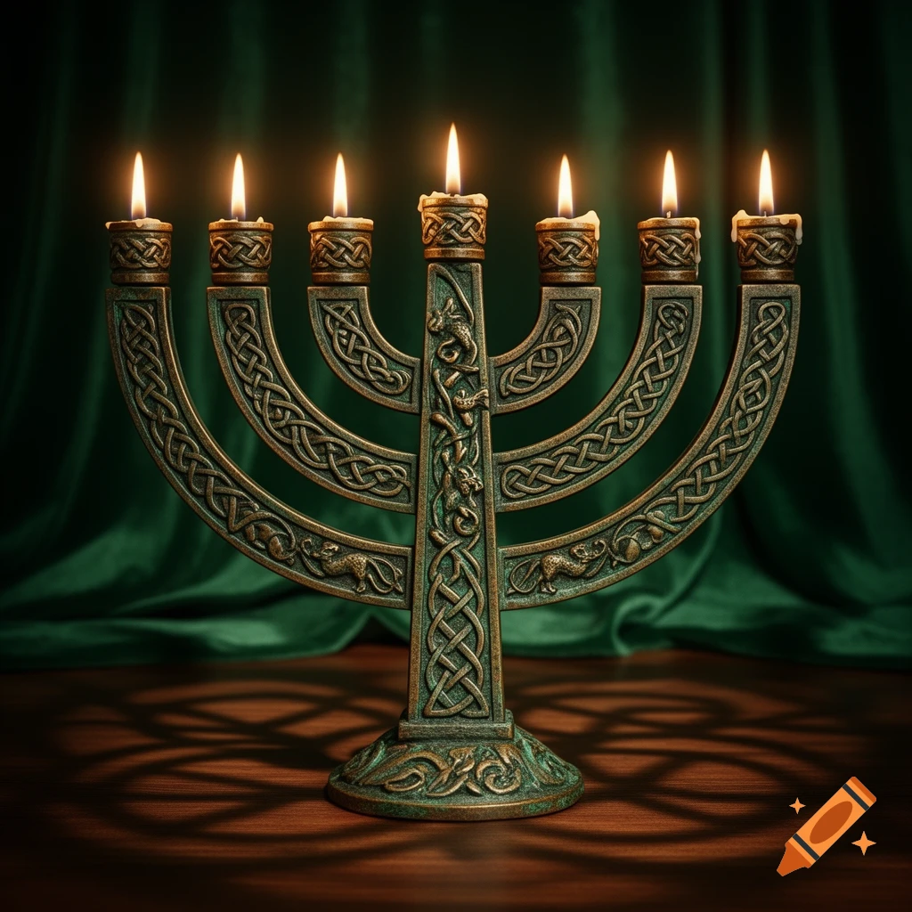A bronze menorah with intricate Celtic knot designs and seven lit candles sits on a wooden table against a dark green draped background.
