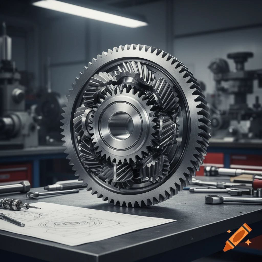 A large, detailed metallic planetary gear assembly sits on a workbench in a workshop, surrounded by engineering drawings and tools.