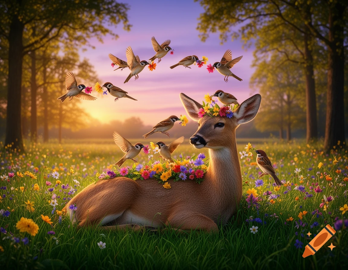 A peaceful deer lies in a vibrant flower field at sunset, adorned with colorful flowers, with sparrows flying around, some holding flowers.