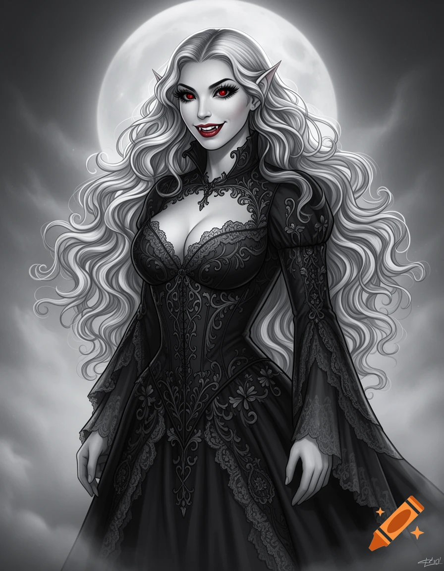 A smiling vampire woman with long wavy white hair, red eyes, and fangs, wearing an ornate black gothic dress, against a full moon.
