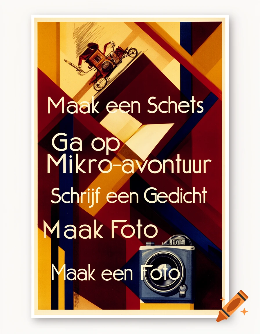A vintage-style Bauhaus poster with geometric shapes, a stylized drawing of a person on a wheeled contraption, and a camera. The poster features Dutch text promoting creative activities.