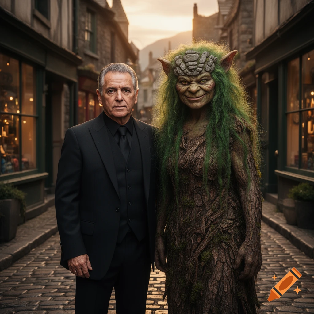 Joe Pesci in a black suit stands next to a green-haired troll woman with bark skin on a cobblestone street at sunset.
