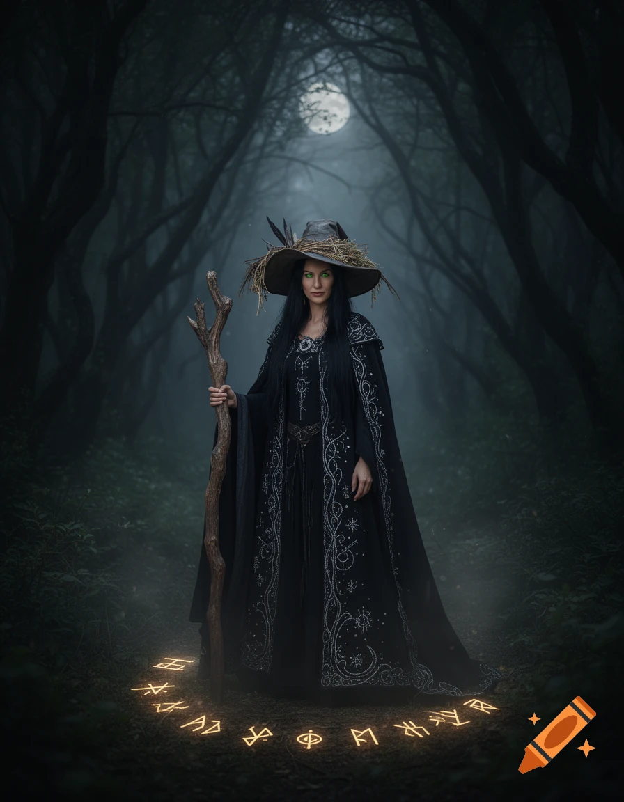 A photorealistic witch with green eyes, staff, and straw hat stands in a dark forest, surrounded by glowing runes, under a full moon.