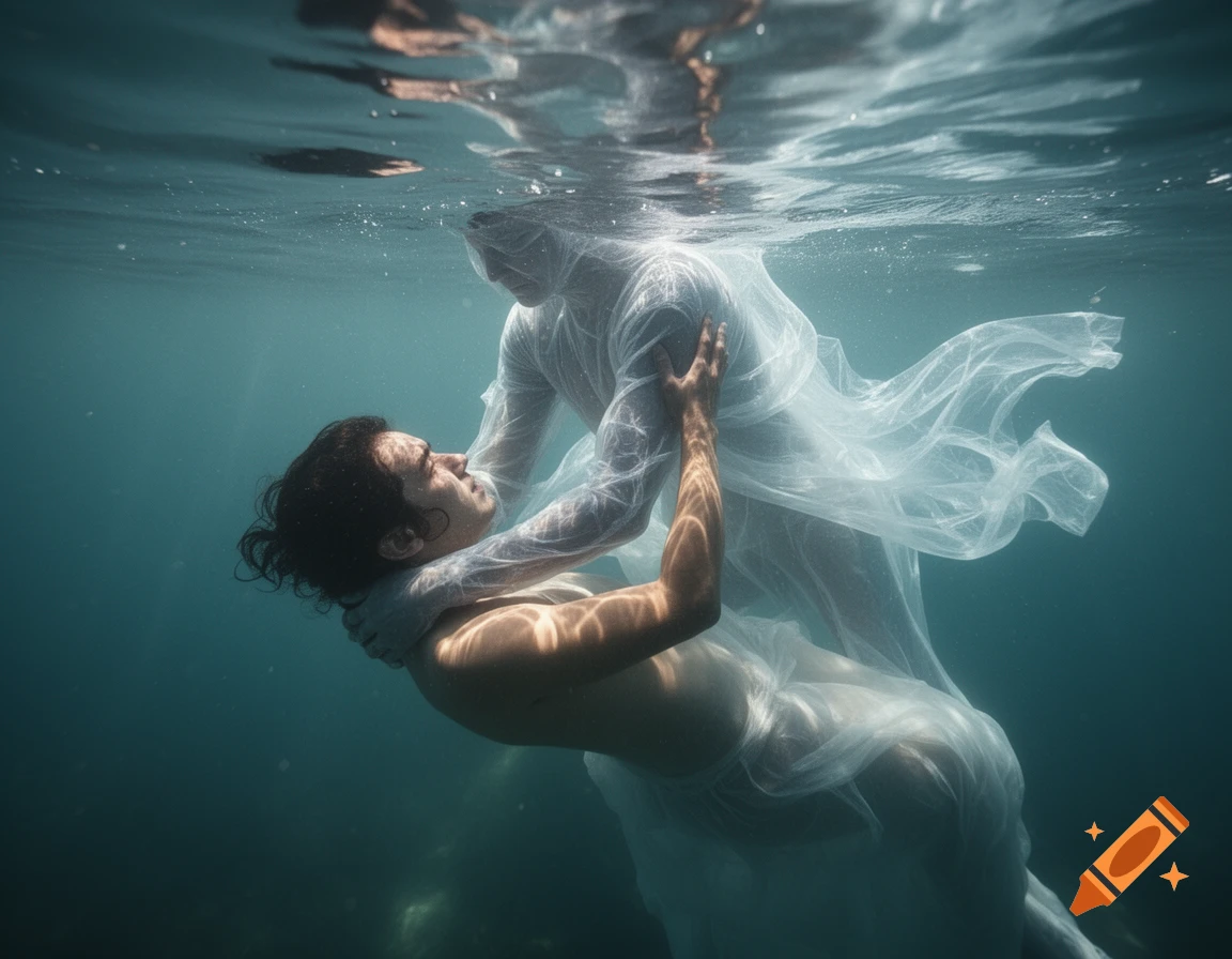 Two figures in flowing white fabric embrace underwater, with light rays filtering through the surface.