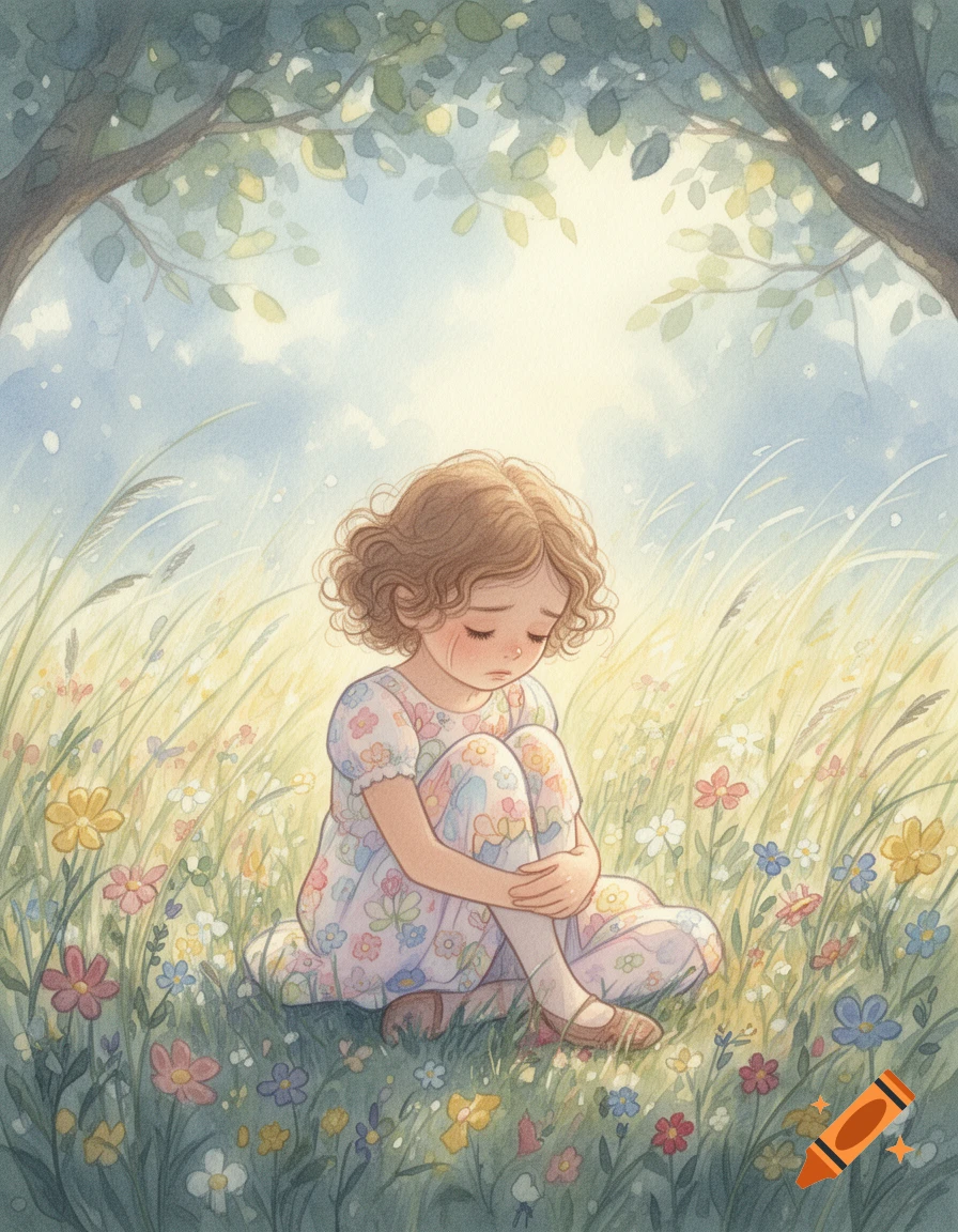 Watercolor illustration of a sad little girl with curly hair crying, sitting in a field of colorful wildflowers.