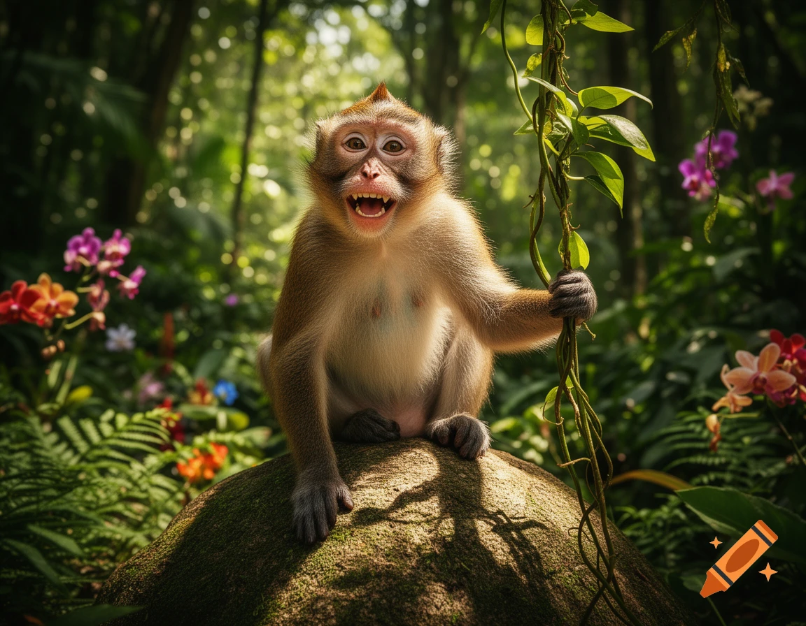A wide-mouthed monkey grins while sitting on a mossy rock in a lush, sun-dappled jungle with colorful orchids and vines.