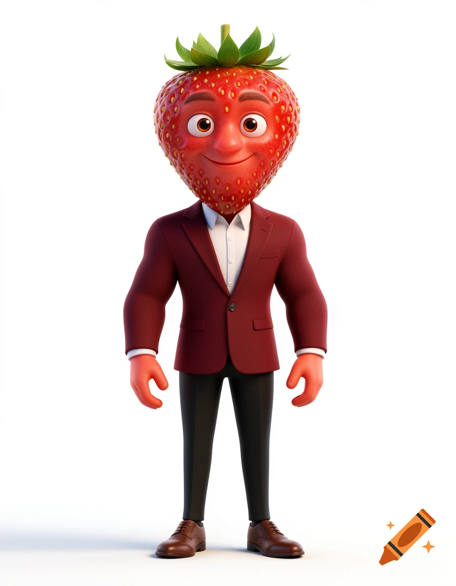 A full-body 3D animated anthropomorphic strawberry character wearing a red blazer, white shirt, black trousers, and brown shoes.