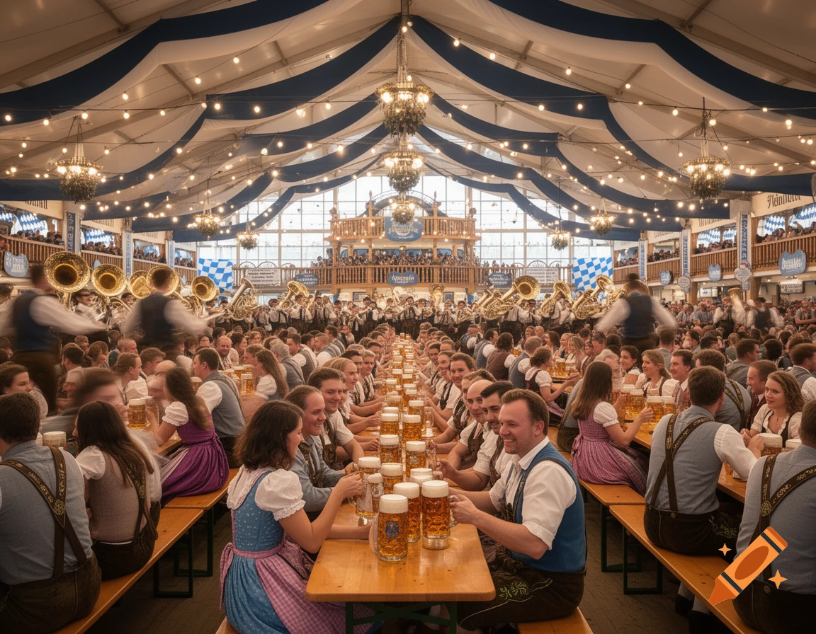 Photorealistic image of a crowded Oktoberfest tent with people drinking beer and a brass band playing on a stage.