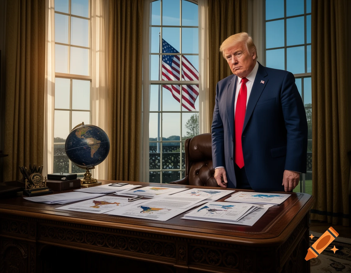 Donald Trump stands behind a large wooden desk in a formal office, with a globe and American flag visible through windows.