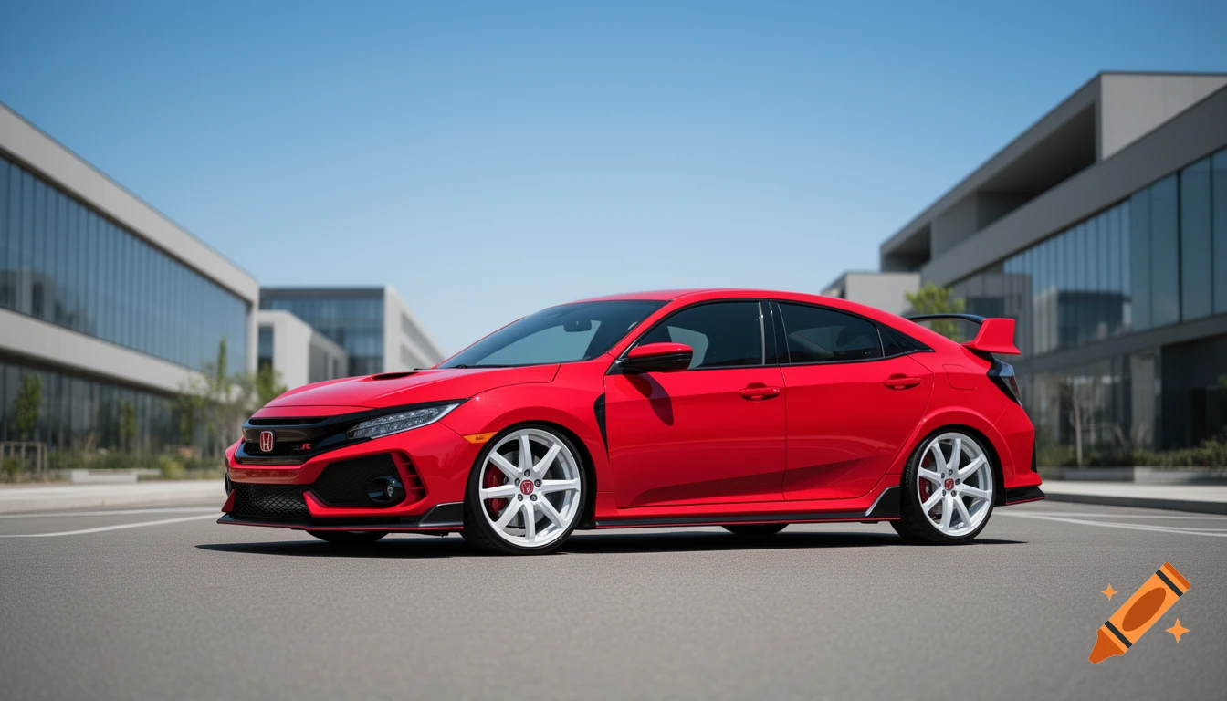 A photorealistic image of a red Honda Civic Type R with silver seven-spoke wheels, parked on an asphalt road in front of modern glass buildings under a clear blue sky.