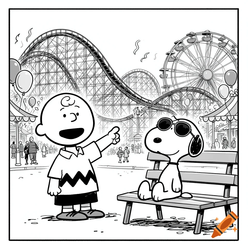 Black and white comic of Charlie Brown pointing at a roller coaster, with Snoopy in sunglasses sitting on a bench at a theme park.