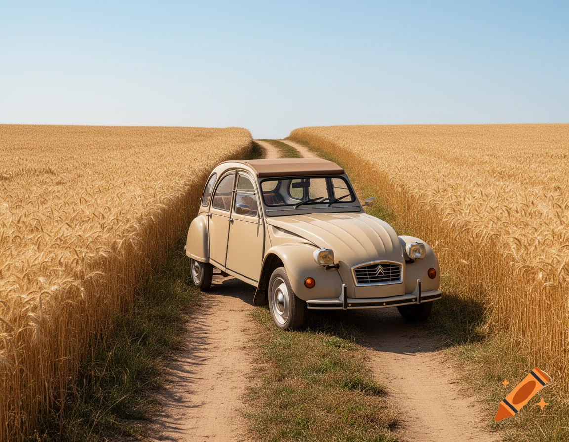 A beige vintage Citroën 2CV on a dirt road between golden wheat fields under a clear blue sky.