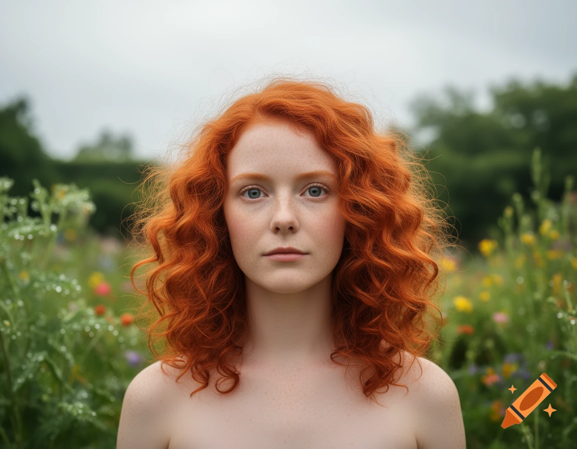 Photorealistic portrait of a young, bare-shouldered woman with curly red hair and freckles in a green field.