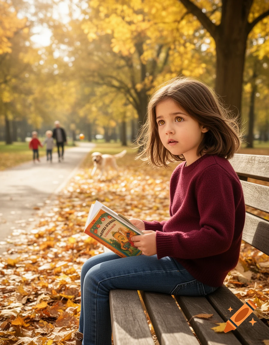 Young girl with brown hair sits on a park bench, reading a book amidst golden autumn leaves, with distant figures.