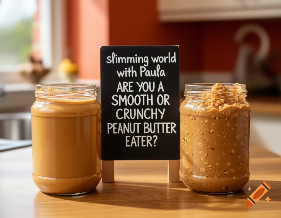 Two clear jars of peanut butter, one smooth and one crunchy, sit on a wooden counter with a small chalkboard sign between them.