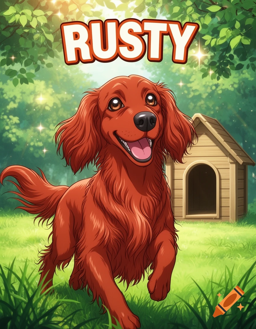 A happy cartoon Irish Setter dog named RUSTY running in a grassy park with a doghouse.