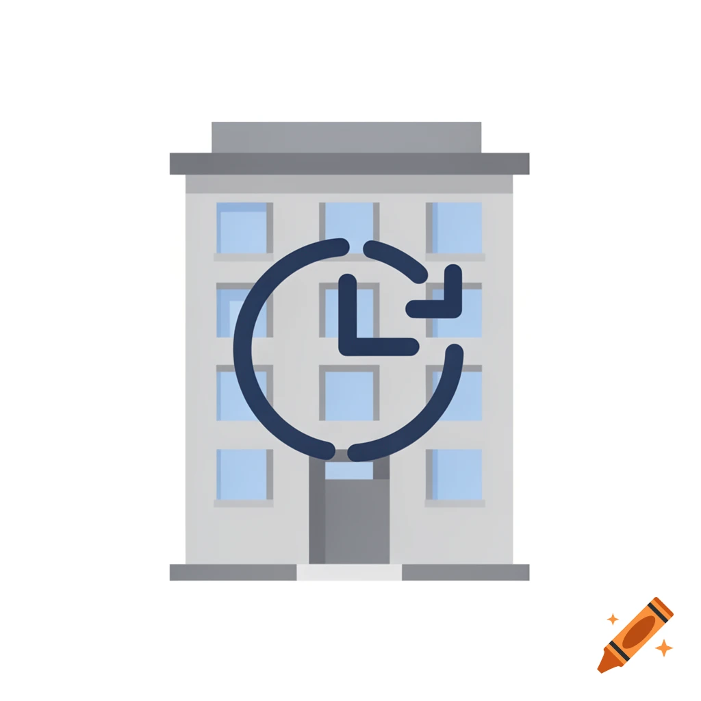 A simple clipart icon of a gray building with a blue clock/refresh symbol overlaid on it.