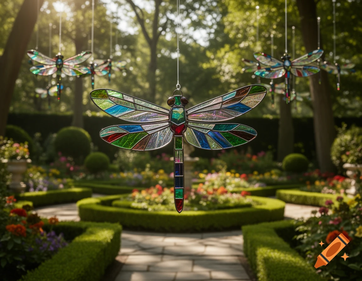 Several colorful stained glass dragonflies hang like wind chimes in a lush, manicured garden under dappled sunlight.