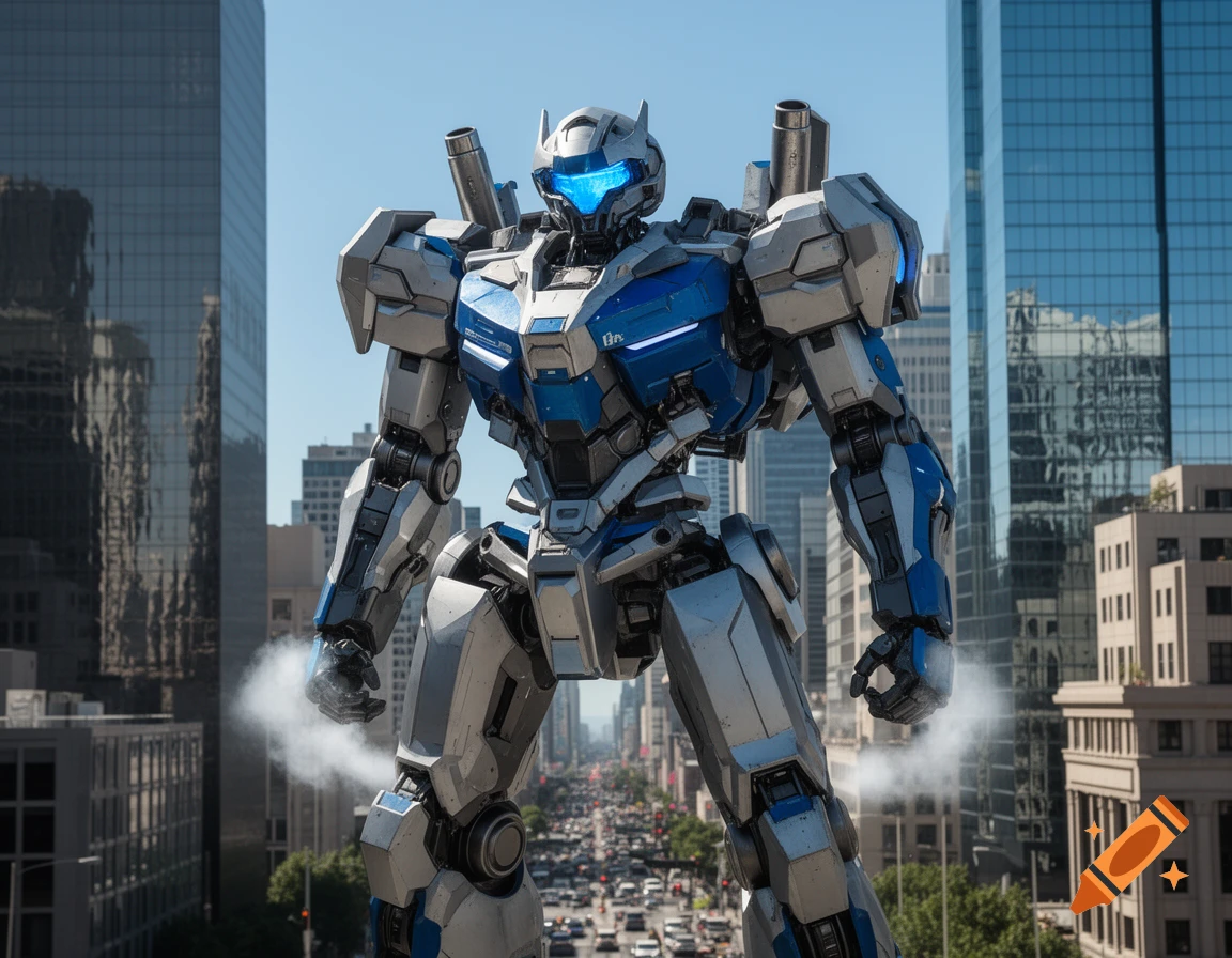 A giant blue and silver armored mech robot stands in a bustling city street, towering over skyscrapers.