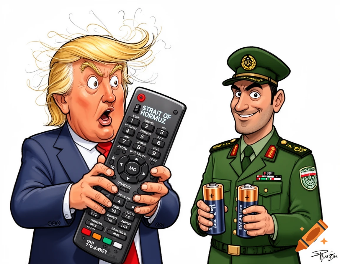 A satirical cartoon shows an exaggerated Donald Trump holding a large remote labeled "Strait of Hormuz" with a confused expression, while an Iranian soldier smiles, holding two disconnected batteries.