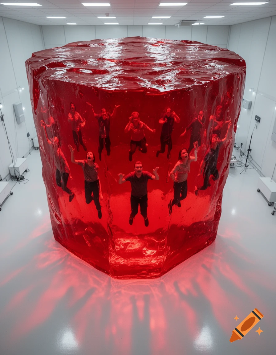 Photorealistic image of many people suspended inside a huge, glistening red jello block in a sterile white room.