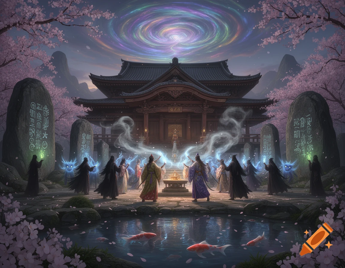 A vibrant fantasy scene of a ritual at a Japanese temple under a swirling nebula, flanked by glowing megaliths and cherry blossoms, with shamans and yokai by a koi pond.