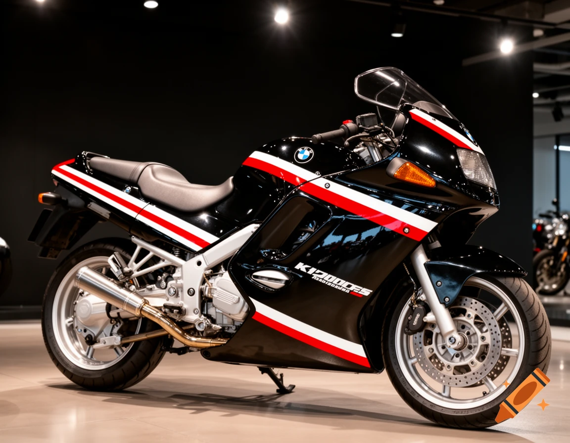 A black 1999 BMW K1200RS motorcycle with red and white racing stripes, parked in a showroom under spotlights.