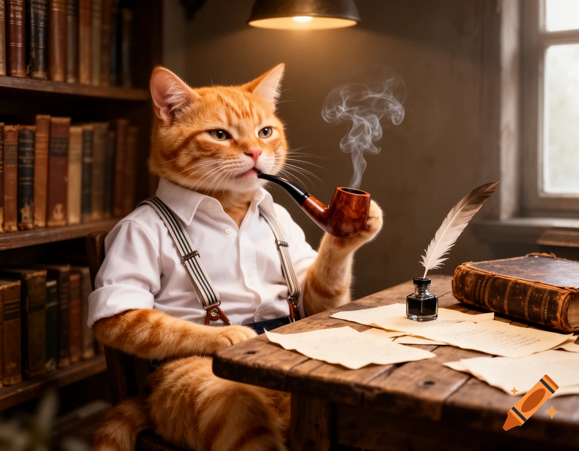 An anthropomorphic orange cat with suspenders smokes a pipe at a wooden desk with a quill and ink, in a library setting.