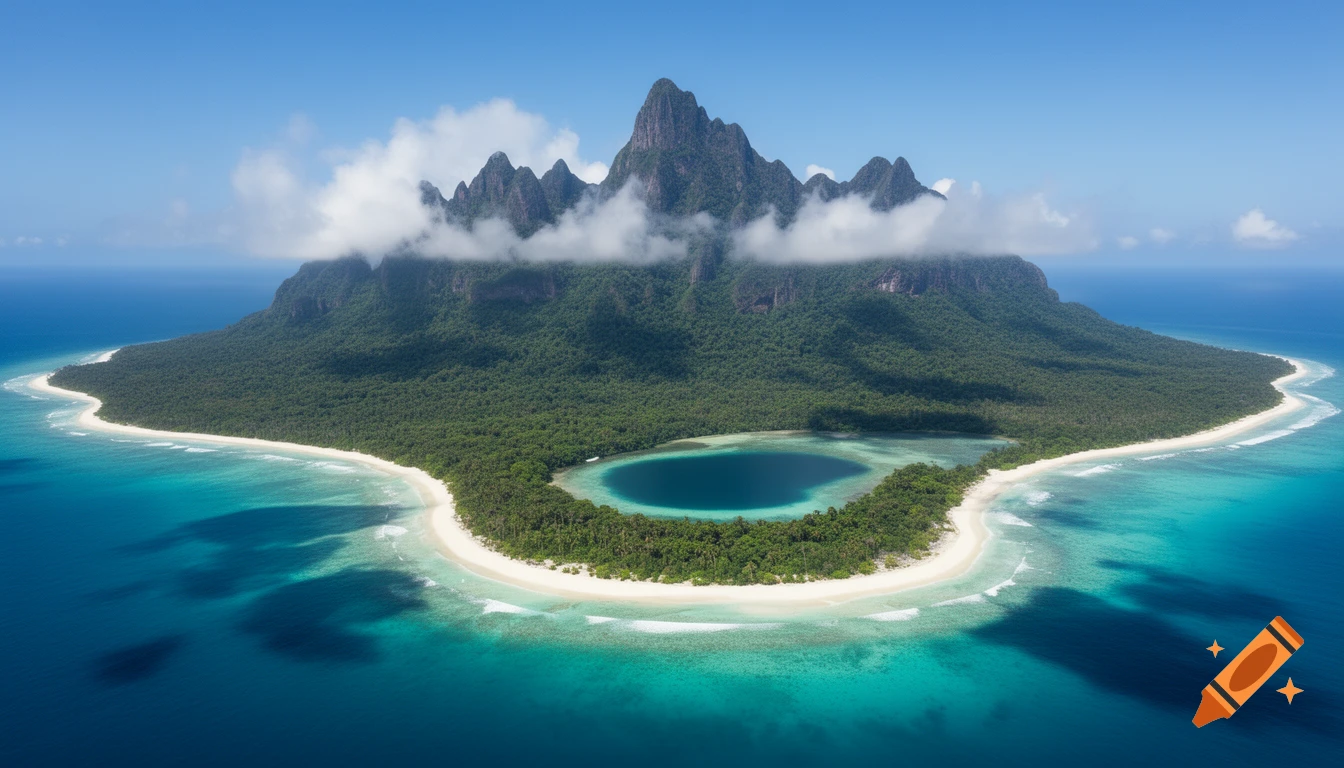 Aerial view of a lush tropical island with white sand beaches, turquoise water, dense forests, cloud-covered mountains, and a central blue lake.