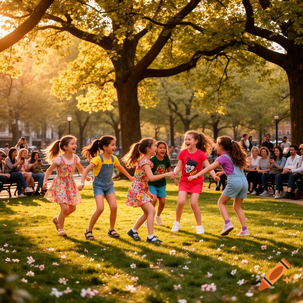 Six cheerful young girls play and dance in a sunlit park with golden light streaming through the trees, while people relax in the background.
