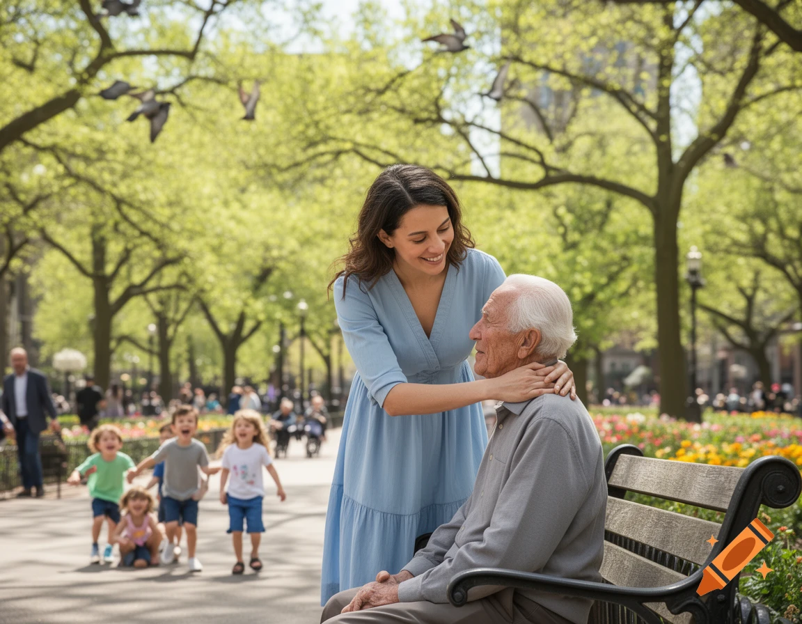 A woman smiles at an old man on a park bench, surrounded by trees and flowers, with children playing in the background.